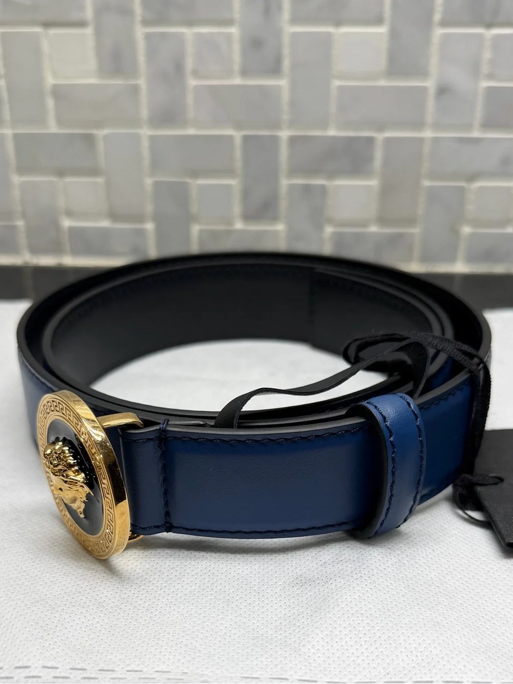Versace Medusa Biggie Leather Belt Navy Blue Gold Buckle Size 85/34 NWT